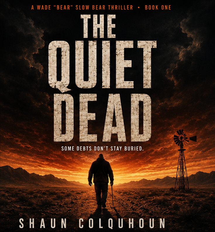 THE QUIET DEAD — book cover: a lone figure walking into a scorched desert under a burning sky